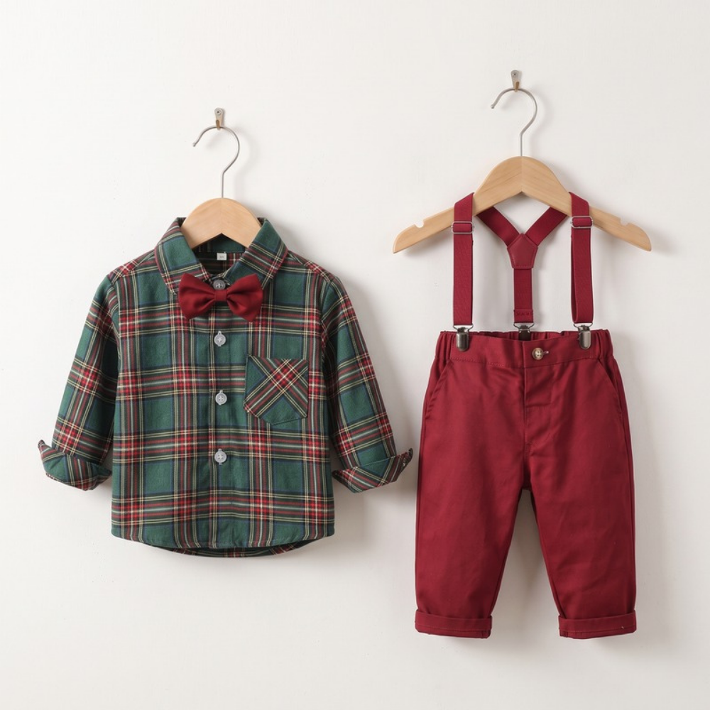 Lilo Plaid Shirt and Suspender Set - Green Plaid