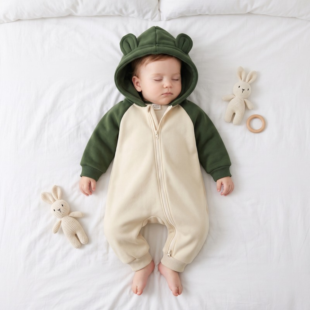 Lilo Cotton Hooded Baby Romper - Forest Green and Cream