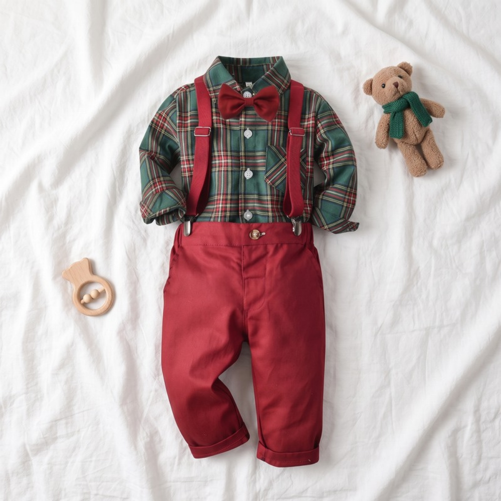 Lilo Plaid Shirt and Suspender Set - Green Plaid