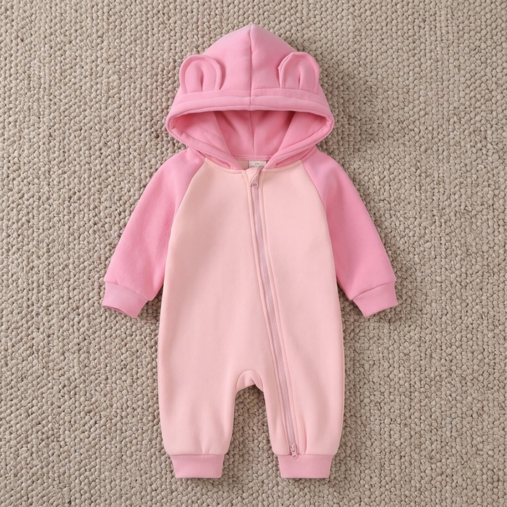 Lilo Cotton Hooded Baby Romper - Rose Pink and Light Pink