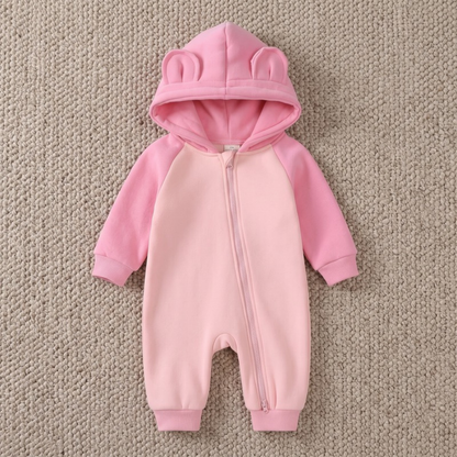 Lilo Cotton Hooded Baby Romper - Rose Pink and Light Pink