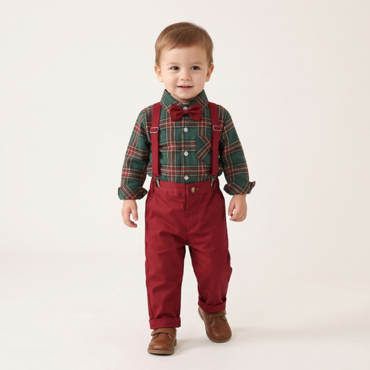 Lilo Plaid Shirt and Suspender Set - Green Plaid