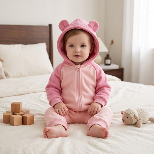 Lilo Cotton Hooded Baby Romper - Rose Pink and Light Pink