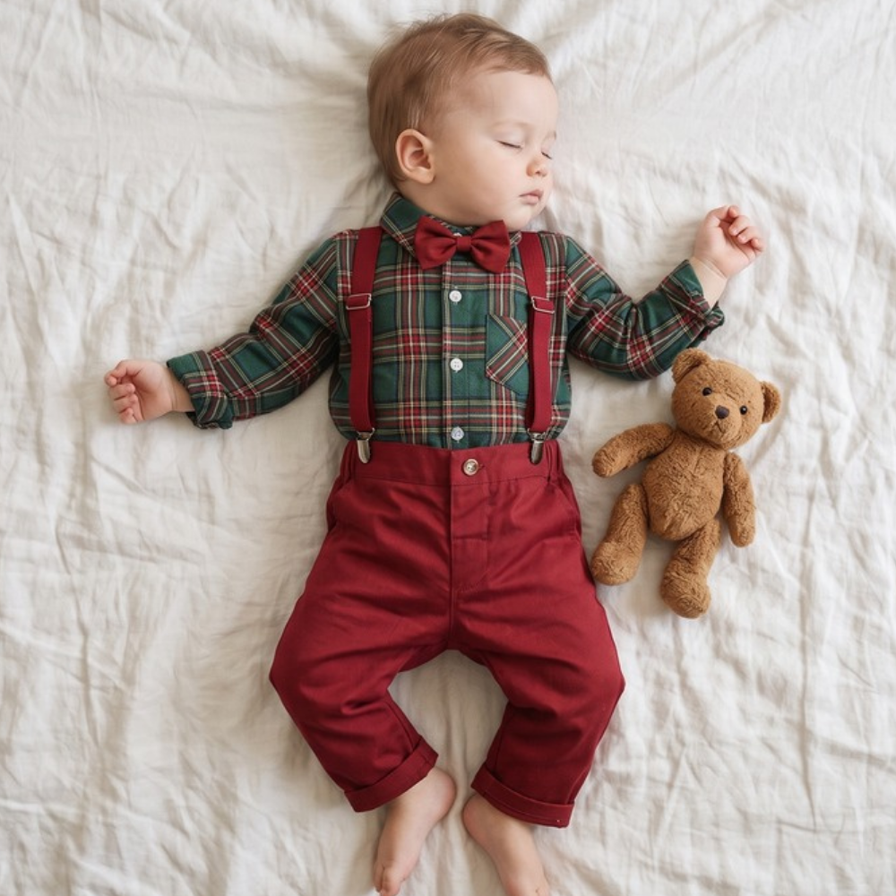 Lilo Plaid Shirt and Suspender Set - Green Plaid