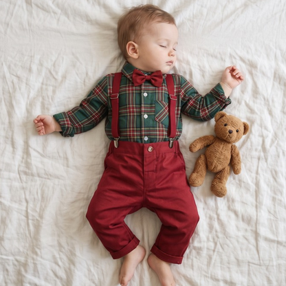 Lilo Plaid Shirt and Suspender Set - Green Plaid