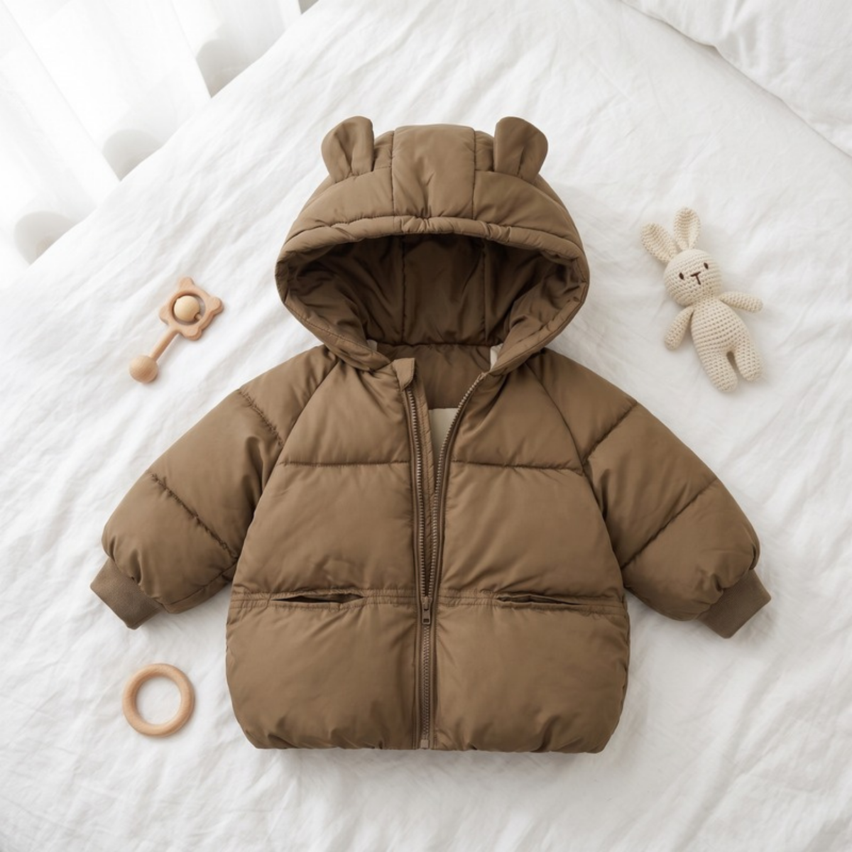 Lilo Cartoon Hooded Baby Coat - Olive Brown