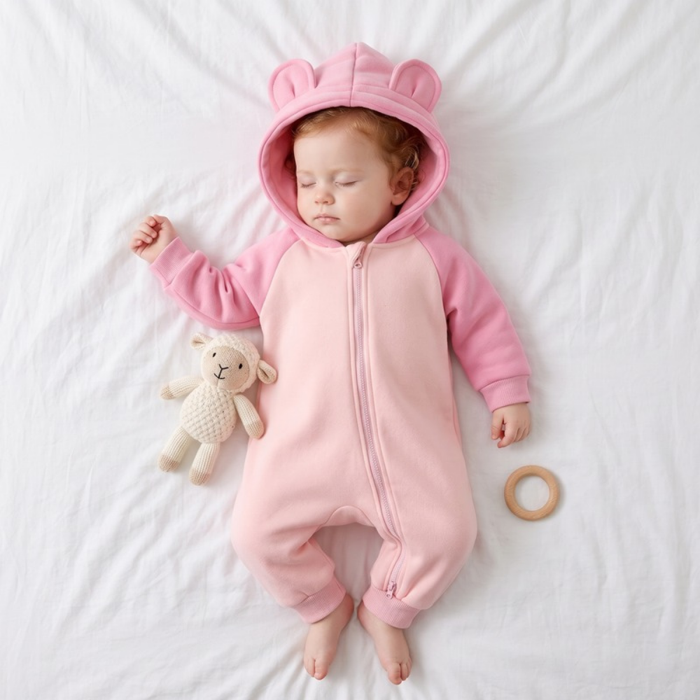 Lilo Cotton Hooded Baby Romper - Rose Pink and Light Pink