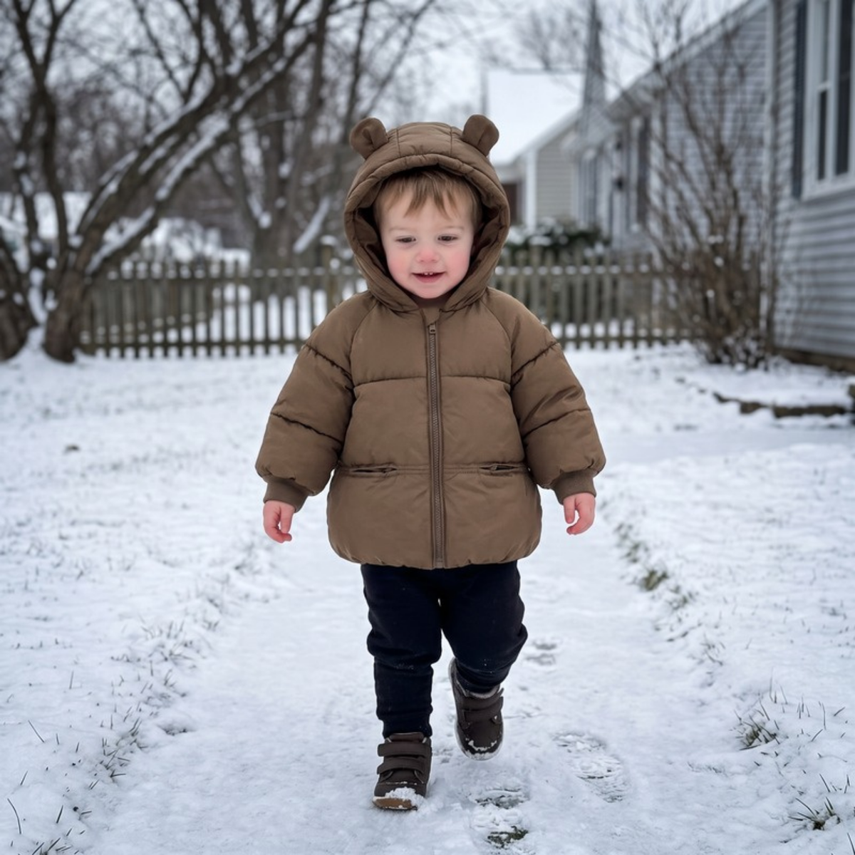 Lilo Cartoon Hooded Baby Coat - Olive Brown