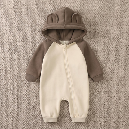 Lilo Cotton Hooded Baby Romper - Brown and Cream