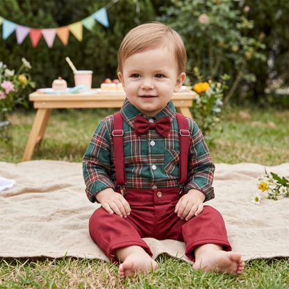 Lilo Plaid Shirt and Suspender Set - Green Plaid