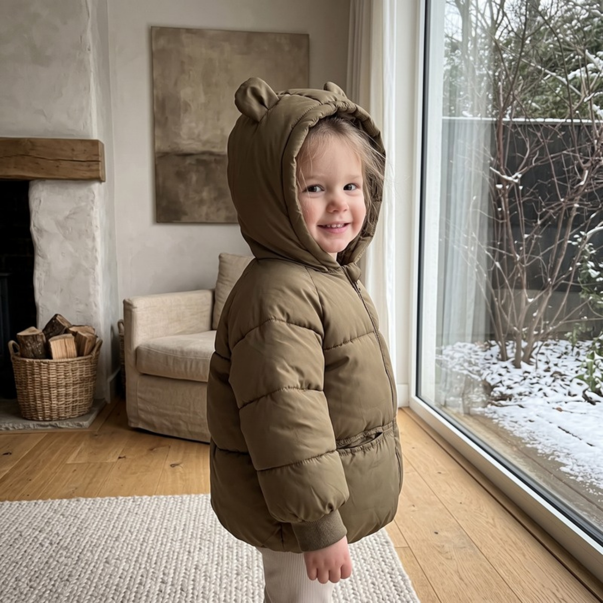 Lilo Cartoon Hooded Baby Coat - Olive Brown