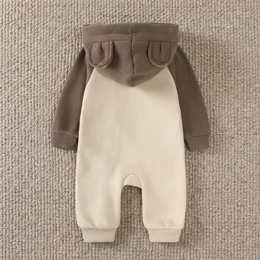 Lilo Cotton Hooded Baby Romper - Brown and Cream