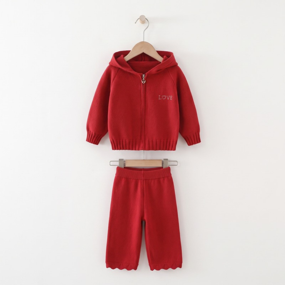 Lilo Hooded Zip Cardigan and Pants Set - Red