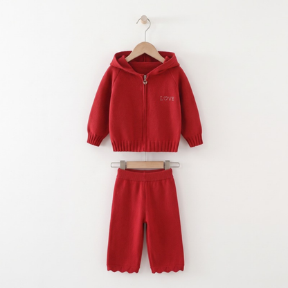 Lilo Hooded Zip Cardigan and Pants Set - Red