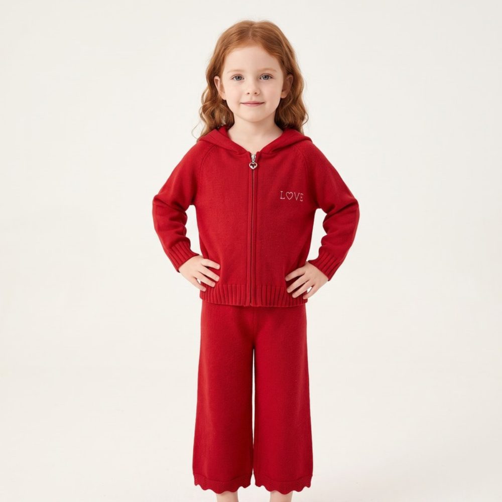 Lilo Hooded Zip Cardigan and Pants Set - Red