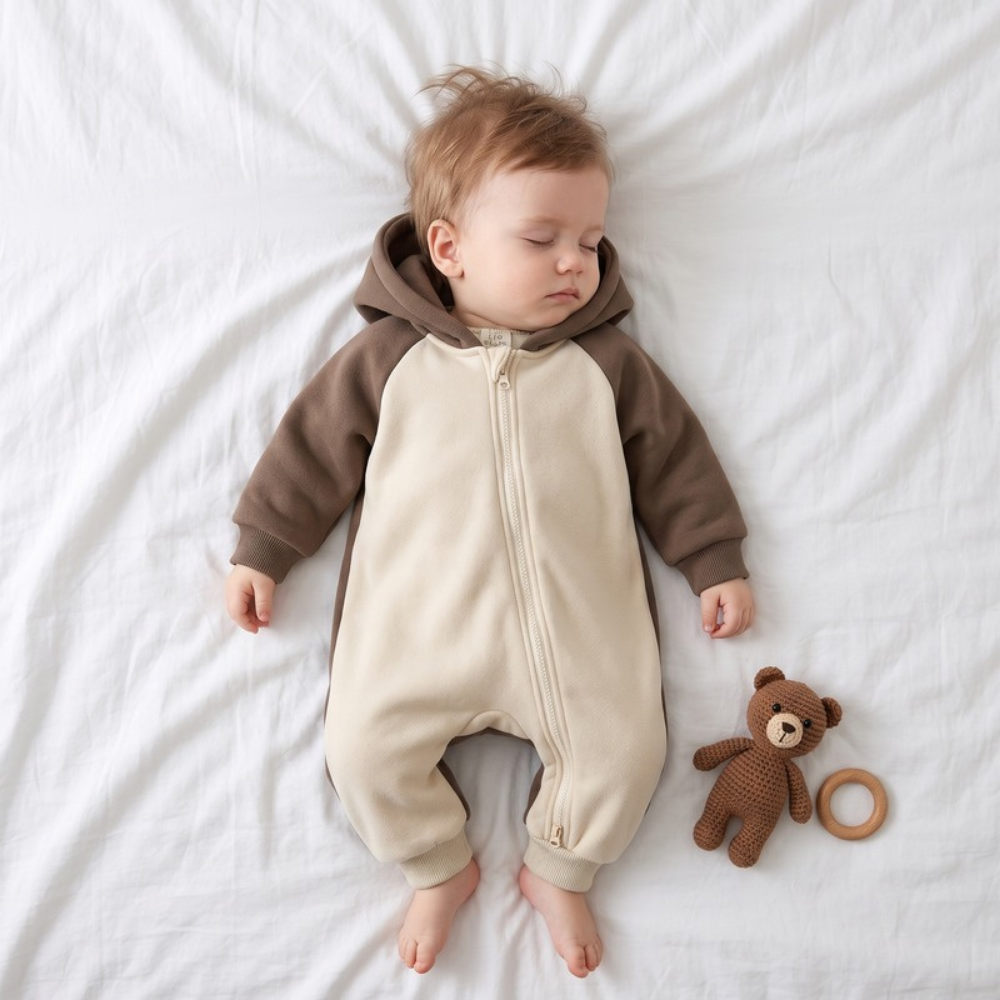 Lilo Cotton Hooded Baby Romper - Brown and Cream