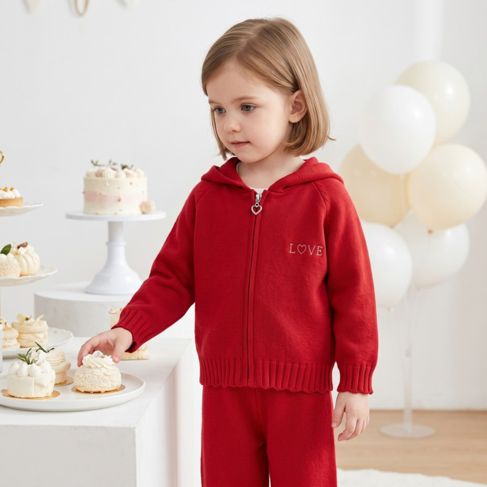 Lilo Hooded Zip Cardigan and Pants Set - Red