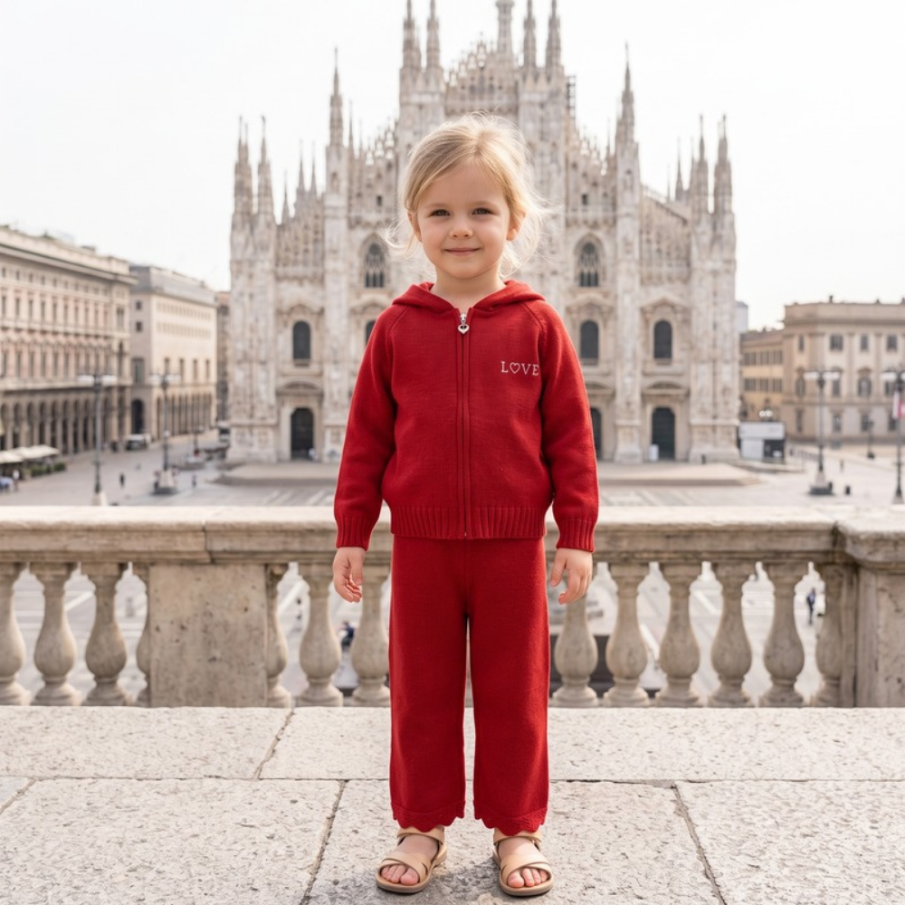 Lilo Hooded Zip Cardigan and Pants Set - Red