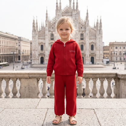 Lilo Hooded Zip Cardigan and Pants Set - Red