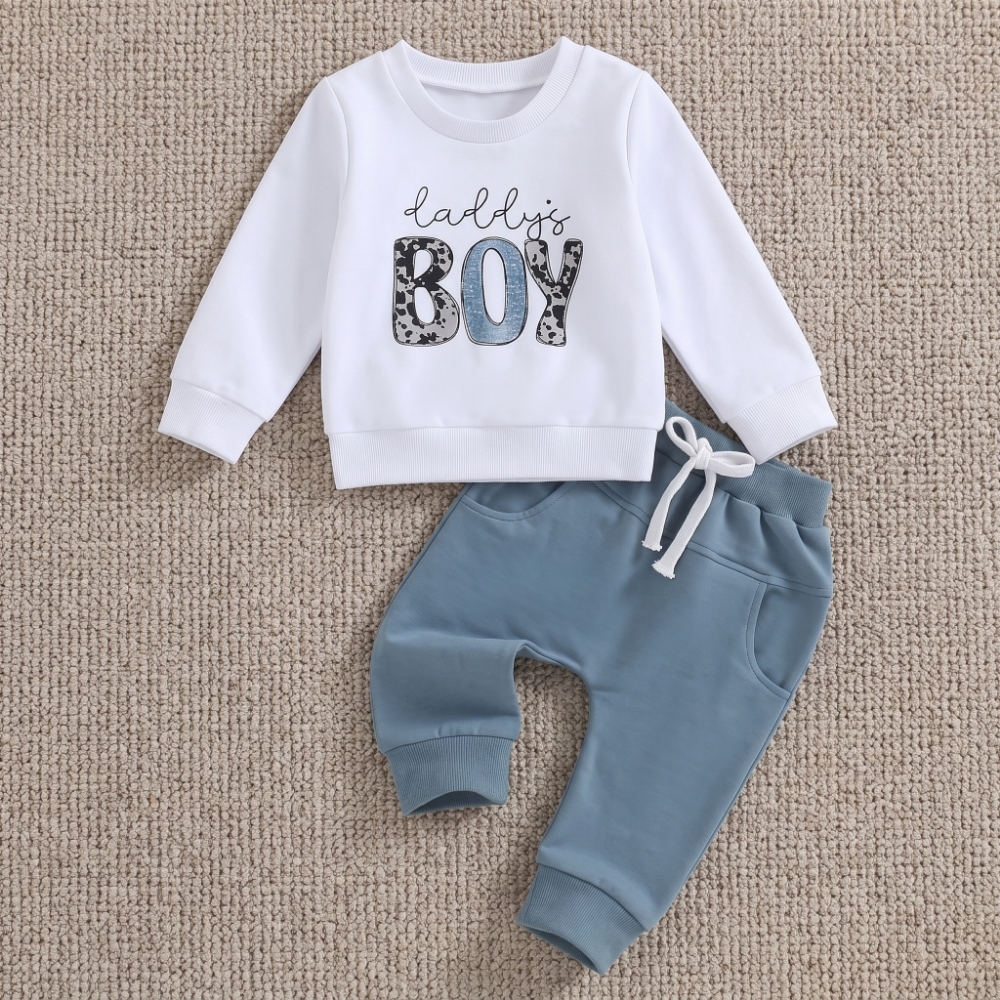 Lilo Letter Sleeve Sweatshirt Set - Blue Grey