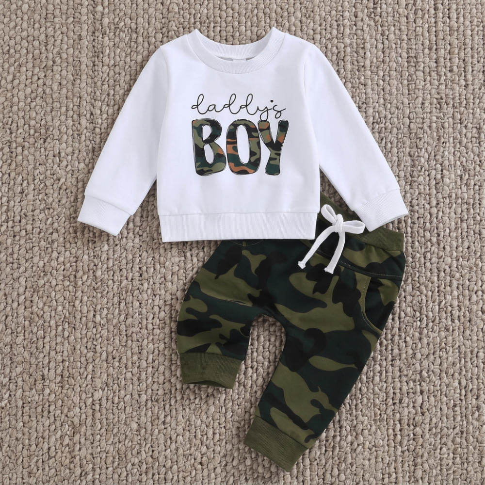 Lilo Letter Sleeve Sweatshirt Set - Green Camouflage