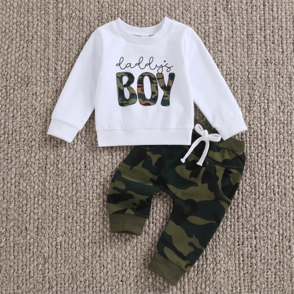 Lilo Letter Sleeve Sweatshirt Set - Green Camouflage