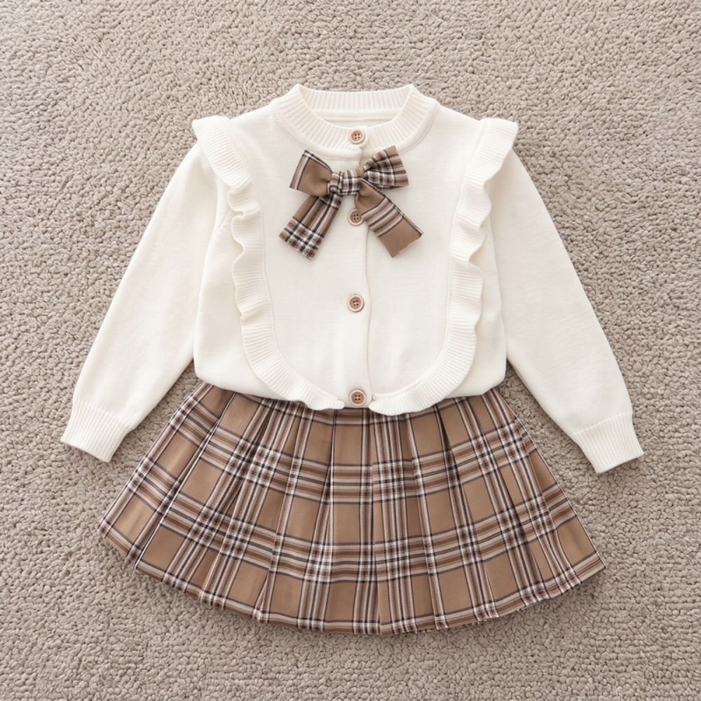 Lilo Plaid Pleated Skirt Two Piece Set - Cream
