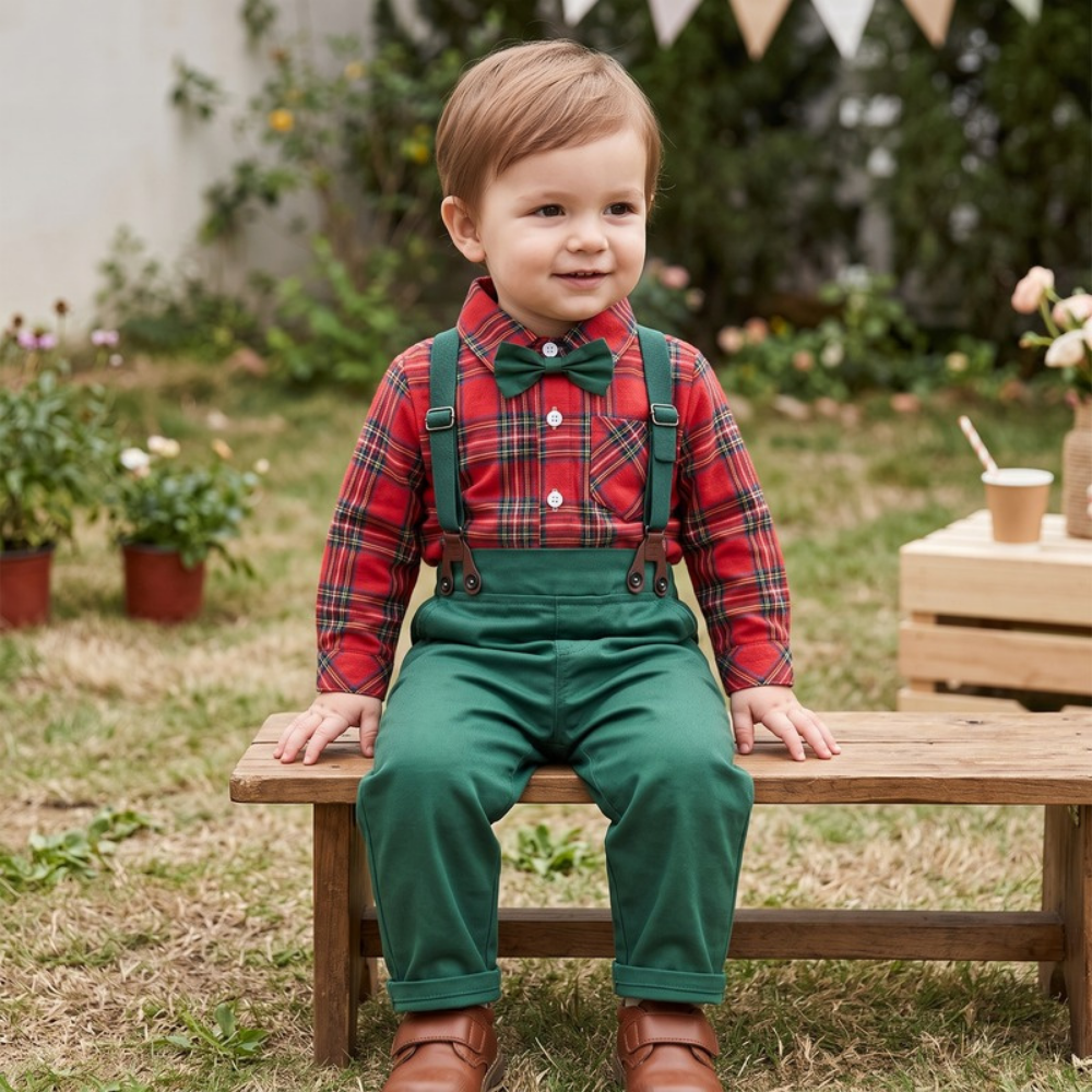 Lilo Plaid Shirt and Suspender Set - Red Plaid