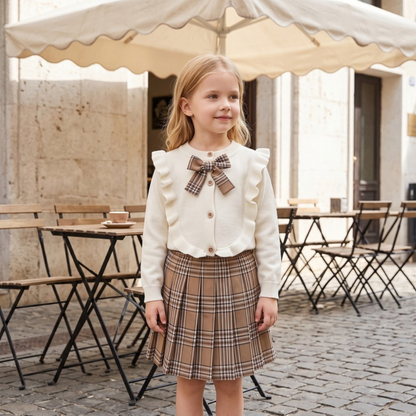 Lilo Plaid Pleated Skirt Two Piece Set - Cream