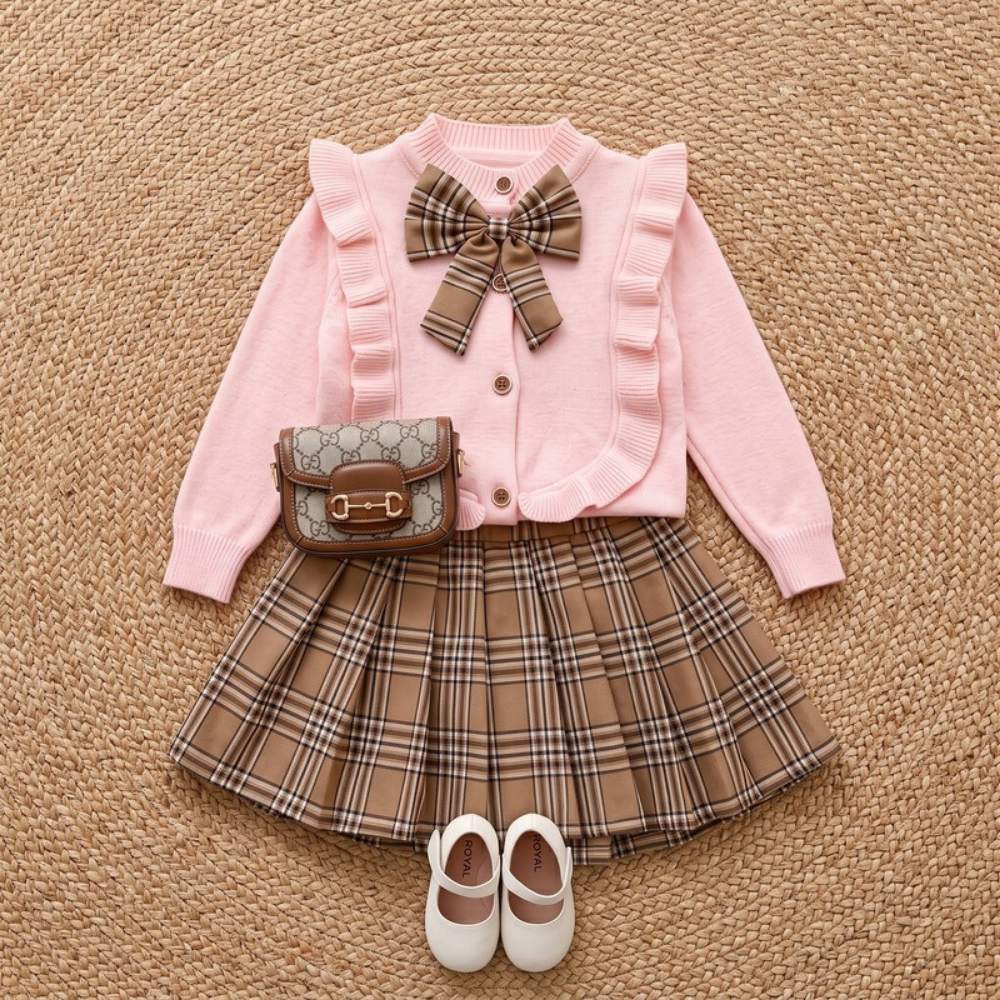 Lilo Plaid Pleated Skirt Two Piece Set - Pink