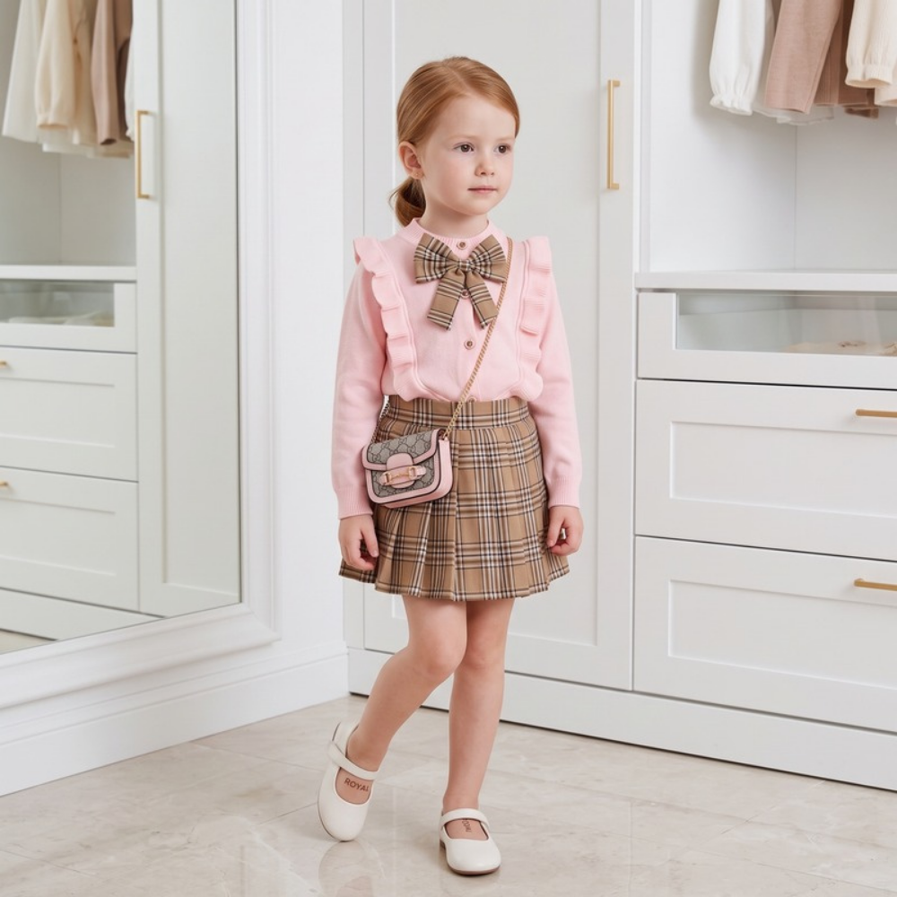 Lilo Plaid Pleated Skirt Two Piece Set - Pink