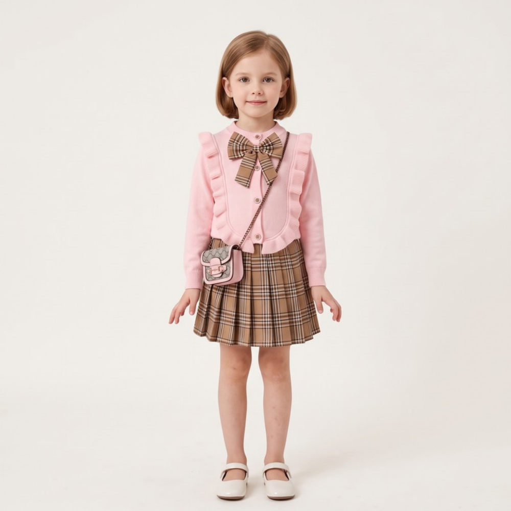 Lilo Plaid Pleated Skirt Two Piece Set - Pink