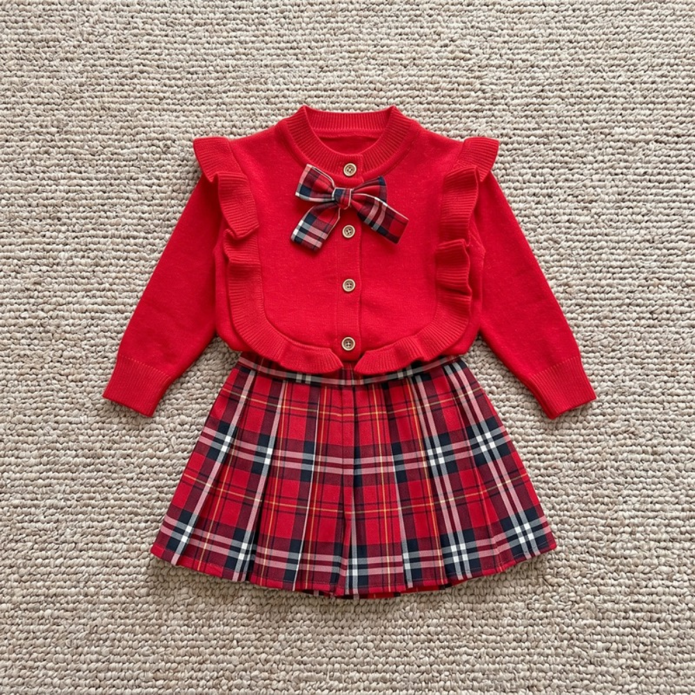 Lilo Plaid Pleated Skirt Two Piece Set - Red