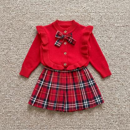 Lilo Plaid Pleated Skirt Two Piece Set - Red