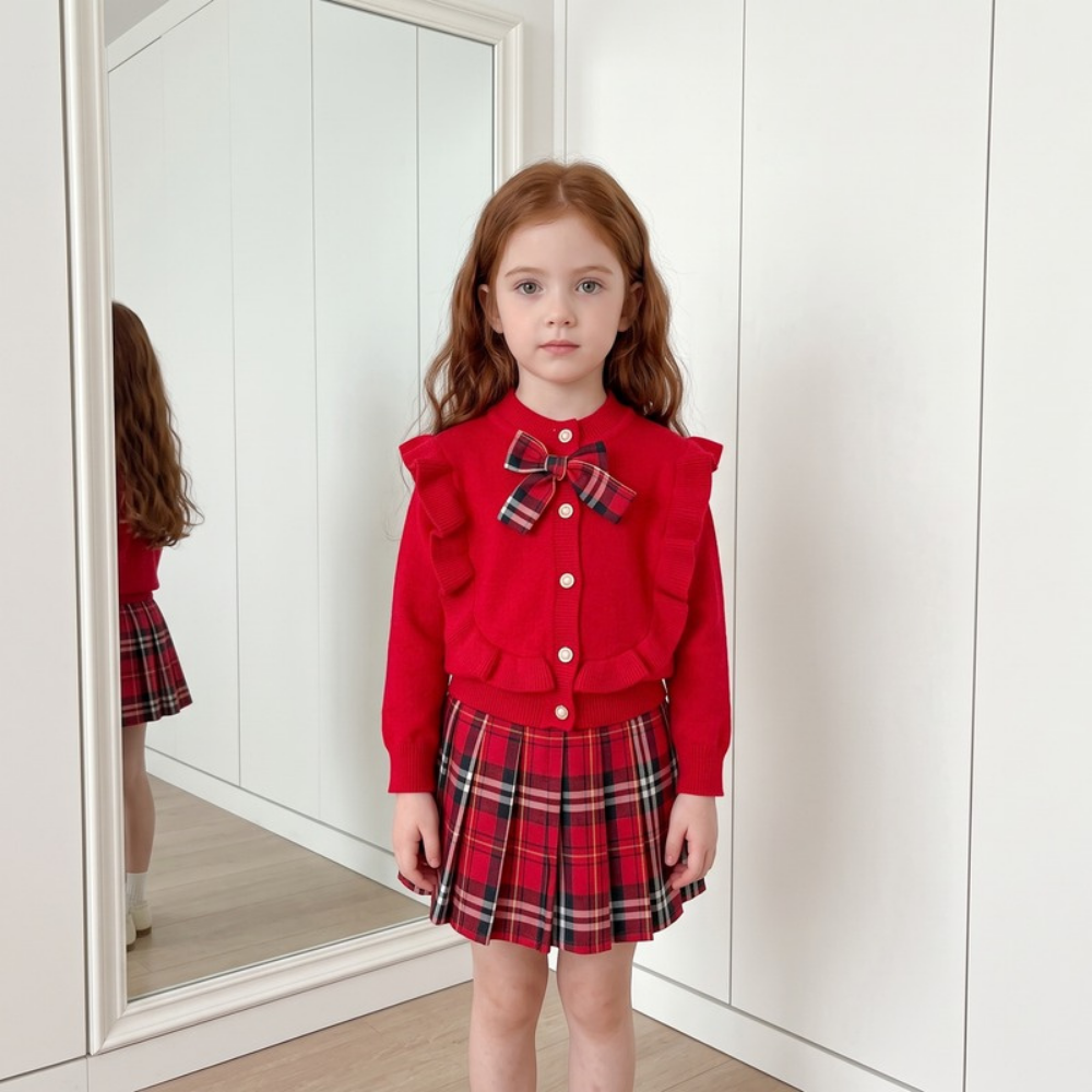 Lilo Plaid Pleated Skirt Two Piece Set - Red