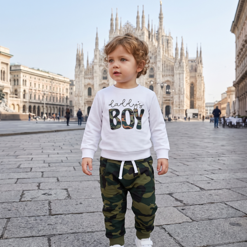 Lilo Letter Sleeve Sweatshirt Set - Green Camouflage