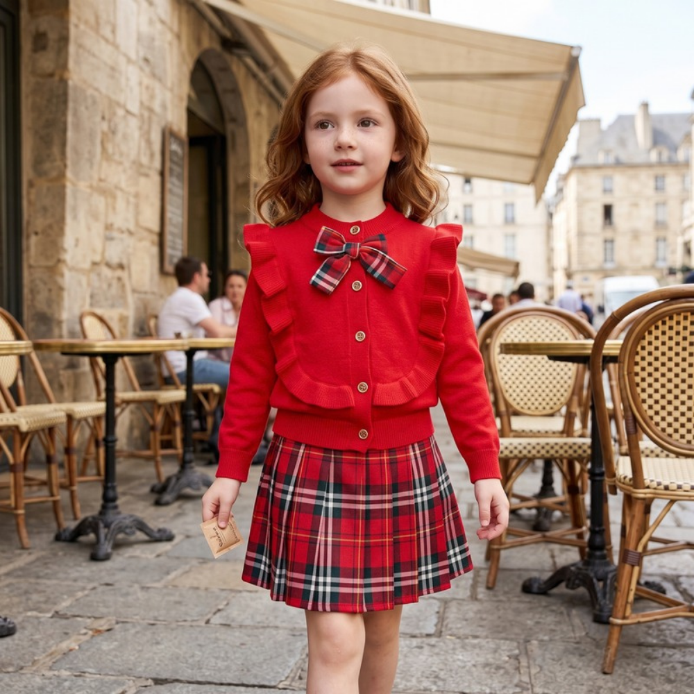 Lilo Plaid Pleated Skirt Two Piece Set - Red