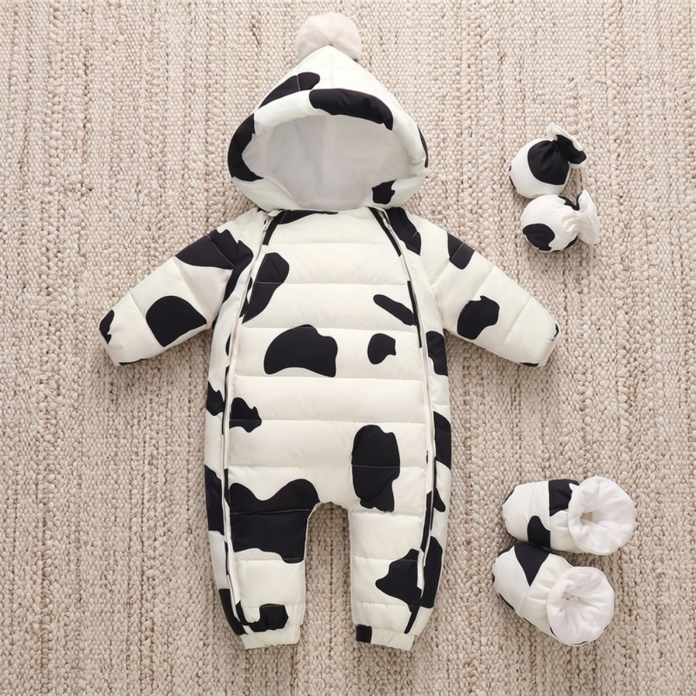 Lilo Newborn Down Pramsuit - Black Cow Print