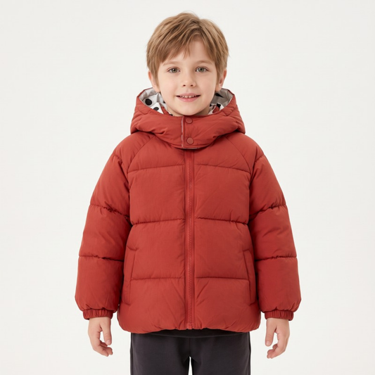 Lilo Colour Block Hooded Puffer Jacket - Brick Red