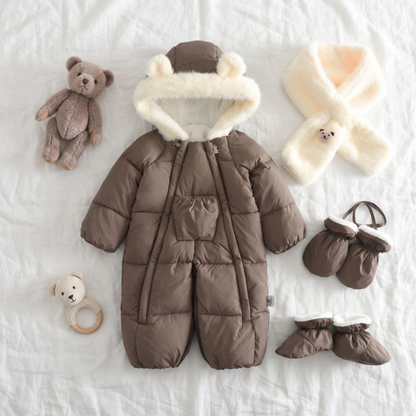 Lilo Fur Collar Hooded Baby Snowsuit - Coffee