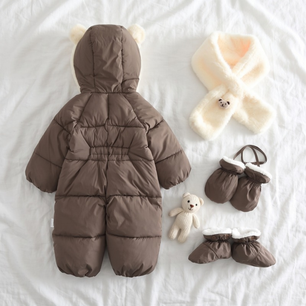 Lilo Fur Collar Hooded Baby Snowsuit - Coffee