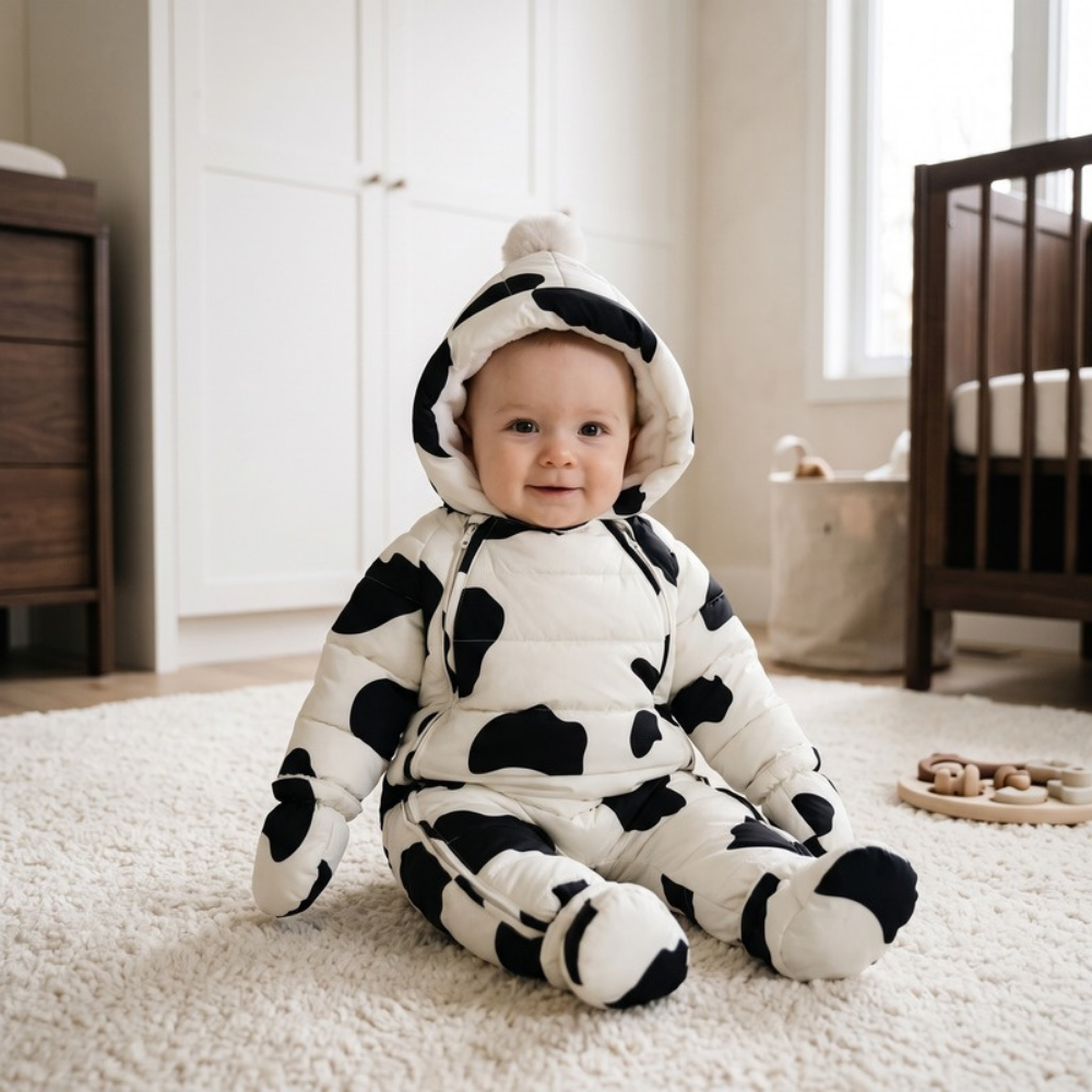 Lilo Newborn Down Pramsuit - Black Cow Print
