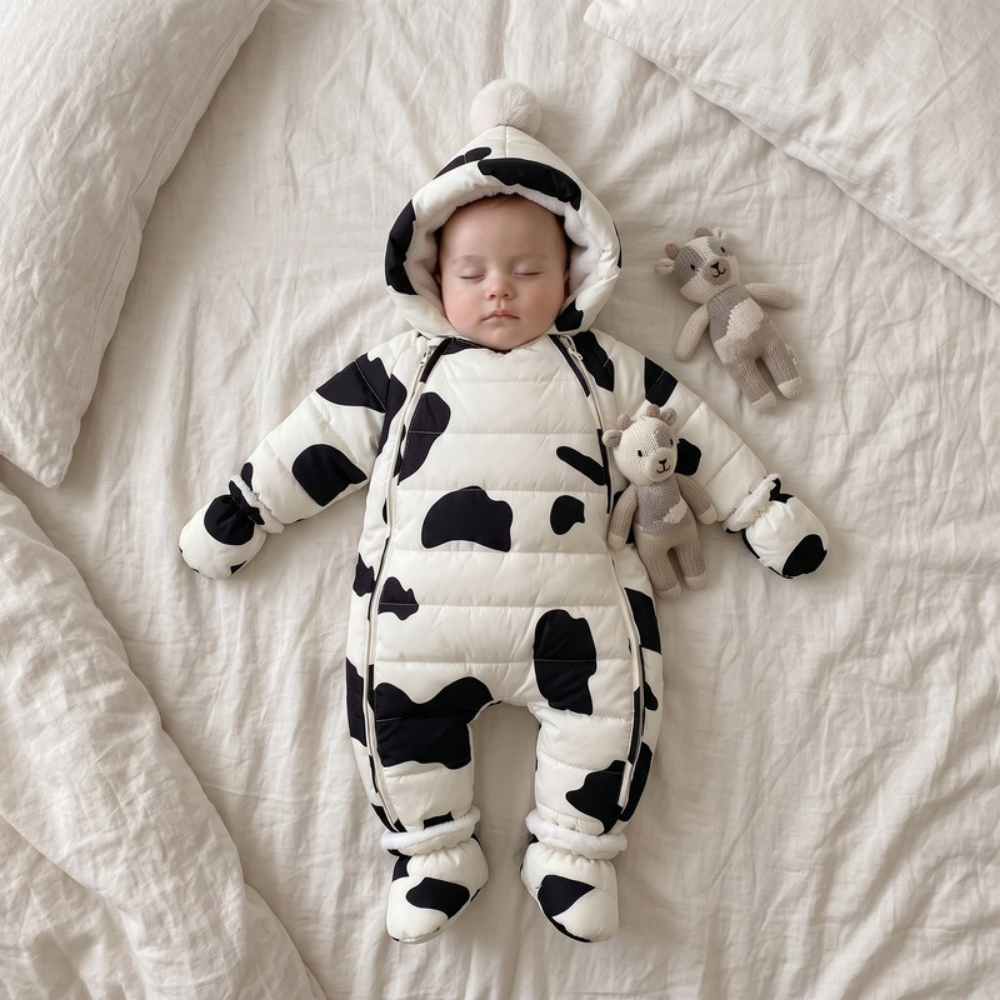 Lilo Newborn Down Pramsuit - Black Cow Print