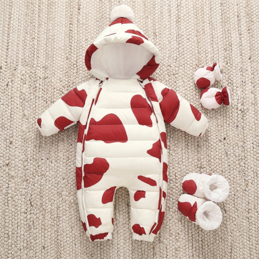 Lilo Newborn Down Pramsuit - Red Cow Print