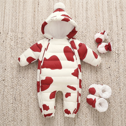 Lilo Newborn Down Pramsuit - Red Cow Print