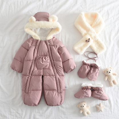 Lilo Fur Collar Hooded Baby Snowsuit - Pink