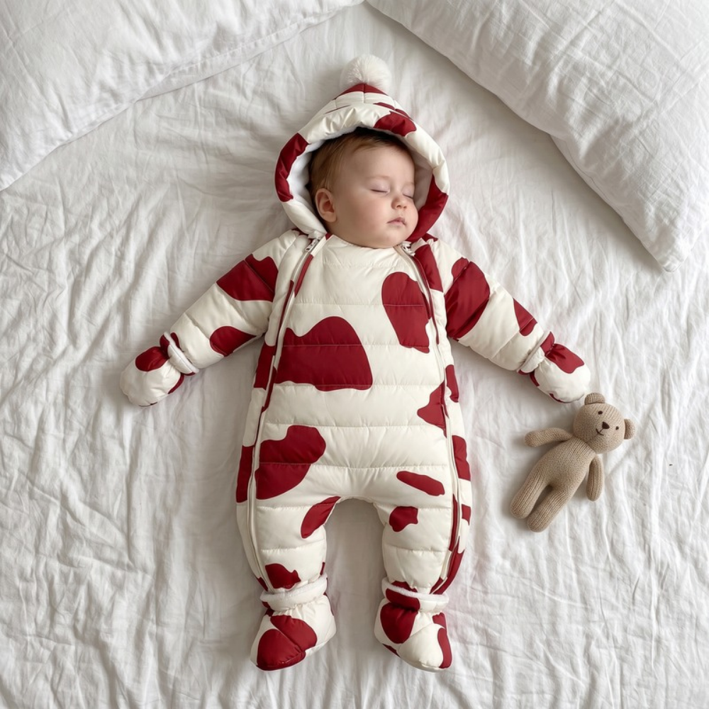 Lilo Newborn Down Pramsuit - Red Cow Print