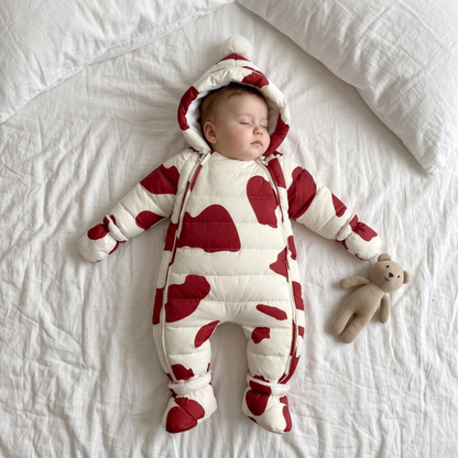 Lilo Newborn Down Pramsuit - Red Cow Print