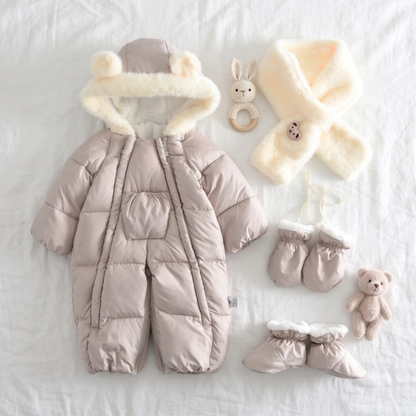 Lilo Fur Collar Hooded Baby Snowsuit - Beige