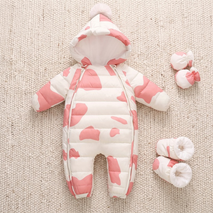 Lilo Newborn Down Pramsuit - Pink Cow Print
